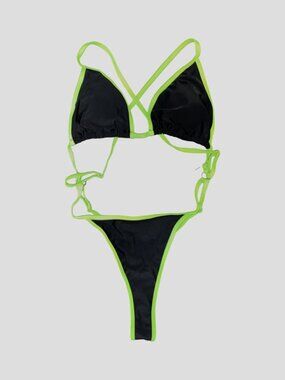 Sz.L*NWOT*One-Piece Black/Neon Green Thong Swimsuit